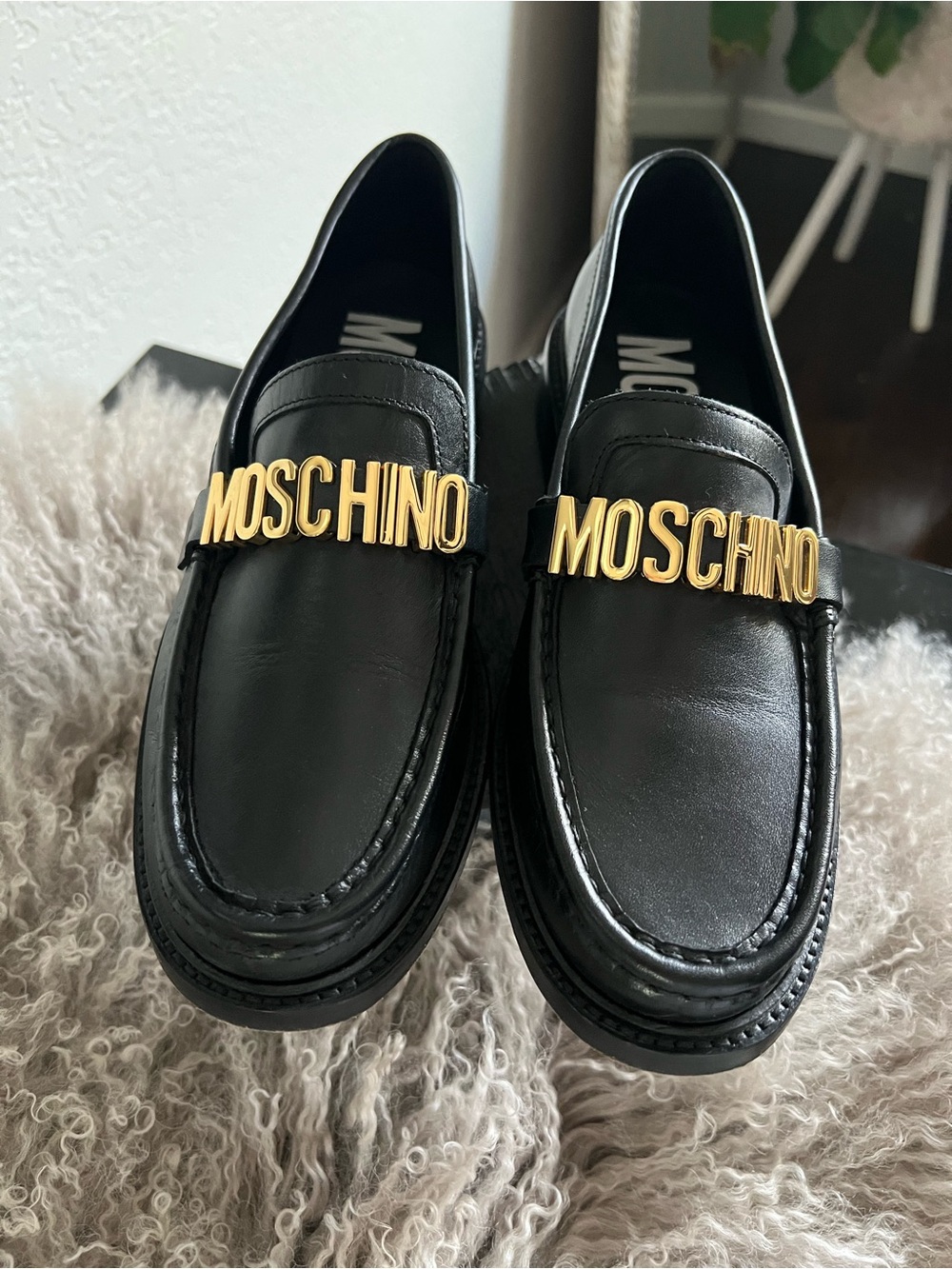 Moschino Black Leather Loafers with Gold Logo Plaque